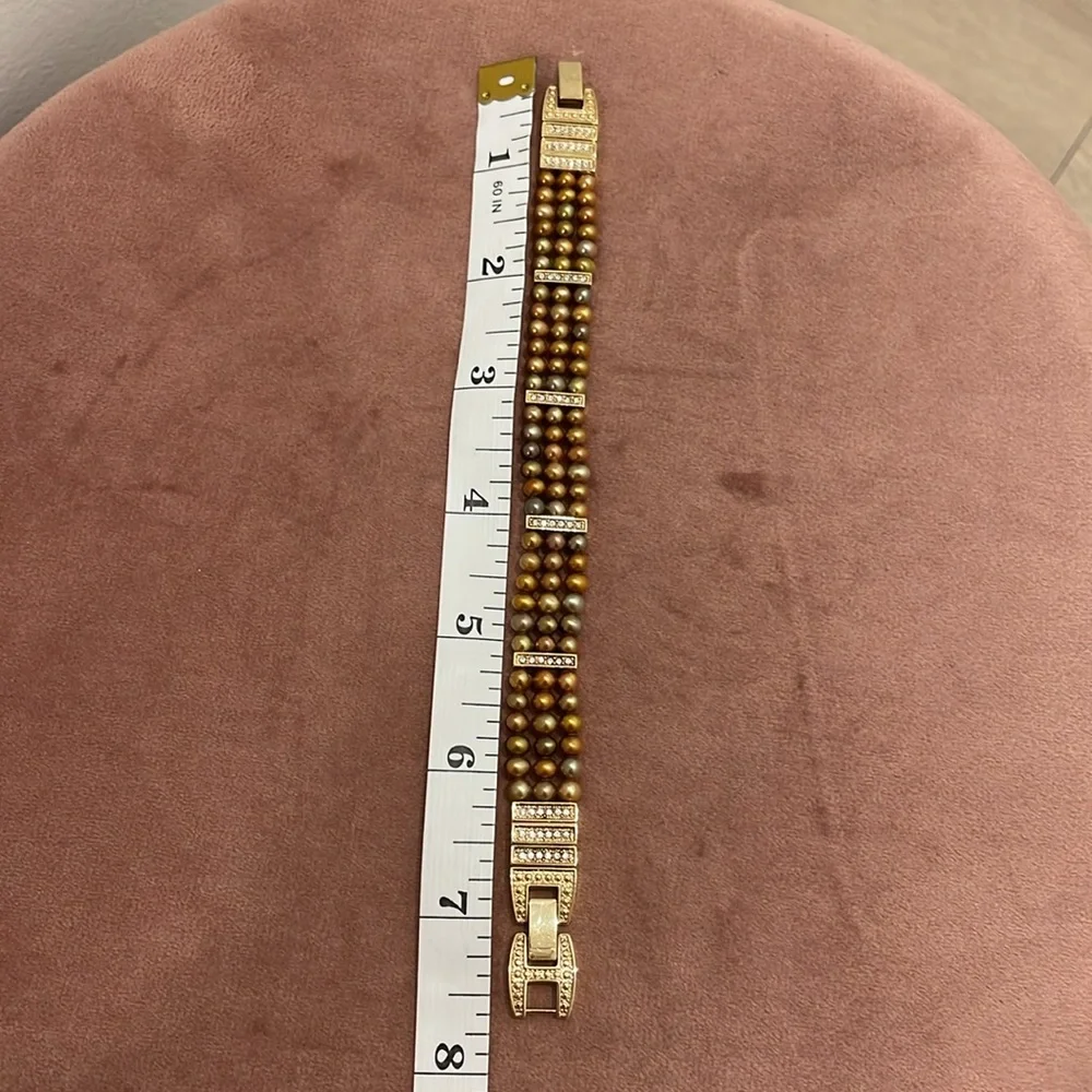 Gold Tone Three Strand Bracelet with Cultured Pearls and Rhinestones